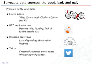 Surrogate data sources: the good, bad, and ugly
Proposals for ﬂu surveillance
Search queries
‘Miley Cyrus cancels Charlotte Concert
over Flu’
OTC medication sales
Discount sales, hoarding, lack of
patient-speciﬁc data
Wikipedia page views
Lack of speciﬁcity about visitor
locations
Twitter
Concerned awareness tweets versus
infection reporting tweets
100 / 201
 