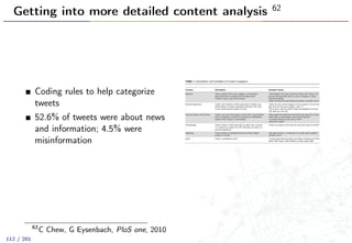 Getting into more detailed content analysis 62
Coding rules to help categorize
tweets
52.6% of tweets were about news
and information; 4.5% were
misinformation
62
C Chew, G Eysenbach, PloS one, 2010
112 / 201
 