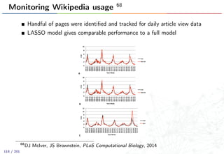 Monitoring Wikipedia usage 68
Handful of pages were identiﬁed and tracked for daily article view data
LASSO model gives comparable performance to a full model
68
DJ McIver, JS Brownstein, PLoS Computational Biology, 2014
118 / 201
 