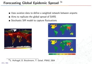 Forecasting Global Epidemic Spread 74
Uses aviation data to deﬁne a weighted network between airports
Aims to replicate the global spread of SARS
Stochastic SIR model to capture ﬂuctuations
74
L. Hufnagel, D. Brockmann, T. Geisel, PNAS, 2004
131 / 201
 