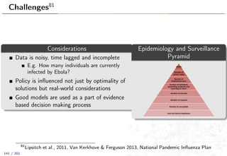 Challenges81
Considerations
Data is noisy, time lagged and incomplete
E.g. How many individuals are currently
infected by Ebola?
Policy is inﬂuenced not just by optimality of
solutions but real-world considerations
Good models are used as a part of evidence
based decision making process
Epidemiology and Surveillance
Pyramid
	
  Deaths	
  
Number	
  of	
  
severe	
  	
  cases	
  
Number	
  of	
  
hospitalized	
  cases	
  
Number	
  of	
  individuals	
  
presenting	
  symptoms	
  and	
  
reporting	
  to	
  clinics	
  
Number	
  of	
  infected	
  
Number	
  of	
  exposed	
  
Number	
  of	
  susceptible	
  
Host	
  and	
  Vector	
  Population	
  
81
Lipsitch et al., 2011, Van Kerkhove & Ferguson 2013, National Pandemic Inﬂuenza Plan
141 / 201
 
