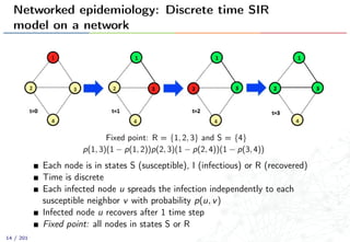 Networked epidemiology: Discrete time SIR
model on a network
Fixed point: R = {1, 2, 3} and S = {4}
p(1, 3)(1 − p(1, 2))p(2, 3)(1 − p(2, 4))(1 − p(3, 4))
Each node is in states S (susceptible), I (infectious) or R (recovered)
Time is discrete
Each infected node u spreads the infection independently to each
susceptible neighbor v with probability p(u, v)
Infected node u recovers after 1 time step
Fixed point: all nodes in states S or R
14 / 201
 