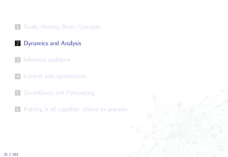 1 Goals, History, Basic Concepts
2 Dynamics and Analysis
3 Inference problems
4 Control and optimization
5 Surveillance and Forecasting
6 Putting it all together: theory to practice
21 / 201
 