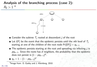 Analysis of the branching process (case 2):
R0 > 1 4
Consider the subtree Tj rooted at descendant j of the root
Let EPj be the event that the epidemic persists until the nth level of Tj
starting at one of the children of the root node Pr[EPj ] = qn−1
The epidemic persists starting at the root and spreading via infecting j is
pqn−1. Since the roote has d neighbors, the probability that the epidemic
does not persist is (1 − pqn−1)d .
qn = 1 − (1 − pqn−1)d
4
Image from: D. Easley and J. Kleinberg, 2010.
25 / 201
 
