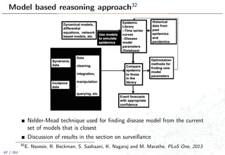 Model based reasoning approach32
Nelder-Mead technique used for ﬁnding disease model from the current
set of models that is closest
Discussion of results in the section on surveillance
32
E. Nsoesie, R. Beckman, S. Sashaani, K. Nagaraj and M. Marathe, PLoS One, 2013
67 / 201
 