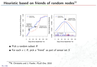 Heuristic based on friends of random nodes33
Pick a random subset R
For each v ∈ R, pick a “friend” as part of sensor set S
33
N. Christakis and J. Fowler, PLoS One, 2010
70 / 201
 