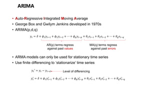 • Auto-Regressive Integrated Moving Average
• George Box and Gwilym Jenkins developed in 1970s
• ARIMA(p,d,q)
• ARMA models can only be used for stationary time series
• Use finite differencing to ‘stationarize’ time series
!"′ = !" − !"&'
!" = ( + *+!"&+ + *,!"&, + ⋯ + *.!"&. + /+0"&+ + /,0"&, + ⋯ + /10"&1
AR(p) terms regress
against past values
MA(q) terms regress
against past errors
!"
2
= ( + *+!"&+
2
+ *,!"&,
2
+ ⋯ + *.!"&.
2
+ /+0"&+
2
+ /,0"&,
2
+ ⋯ + /10"&1
2
Level of differencing
 