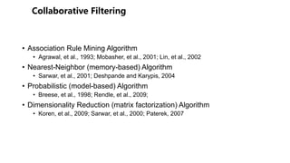 • Association Rule Mining Algorithm
• Agrawal, et al., 1993; Mobasher, et al., 2001; Lin, et al., 2002
• Nearest-Neighbor (memory-based) Algorithm
• Sarwar, et al., 2001; Deshpande and Karypis, 2004
• Probabilistic (model-based) Algorithm
• Breese, et al., 1998; Rendle, et al., 2009;
• Dimensionality Reduction (matrix factorization) Algorithm
• Koren, et al., 2009; Sarwar, et al., 2000; Paterek, 2007
 