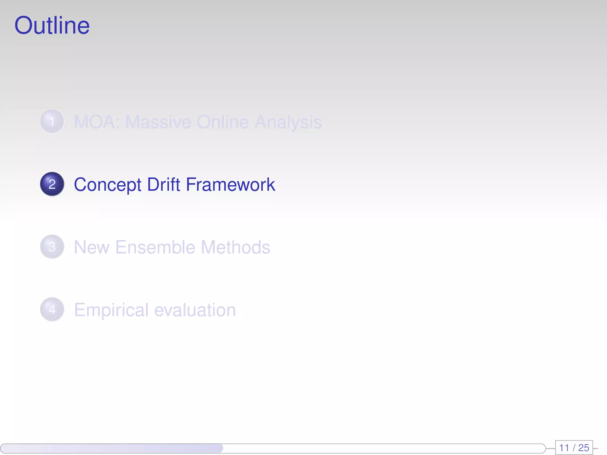 Outline 1 MOA: Massive Online Analysis 2 Concept Drift Framework 3 New Ensemble Methods 4 Empirical evaluation 11 / 25 