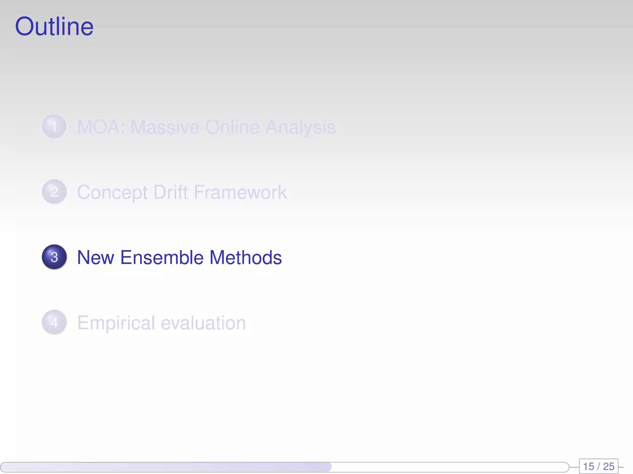 Outline 1 MOA: Massive Online Analysis 2 Concept Drift Framework 3 New Ensemble Methods 4 Empirical evaluation 15 / 25 