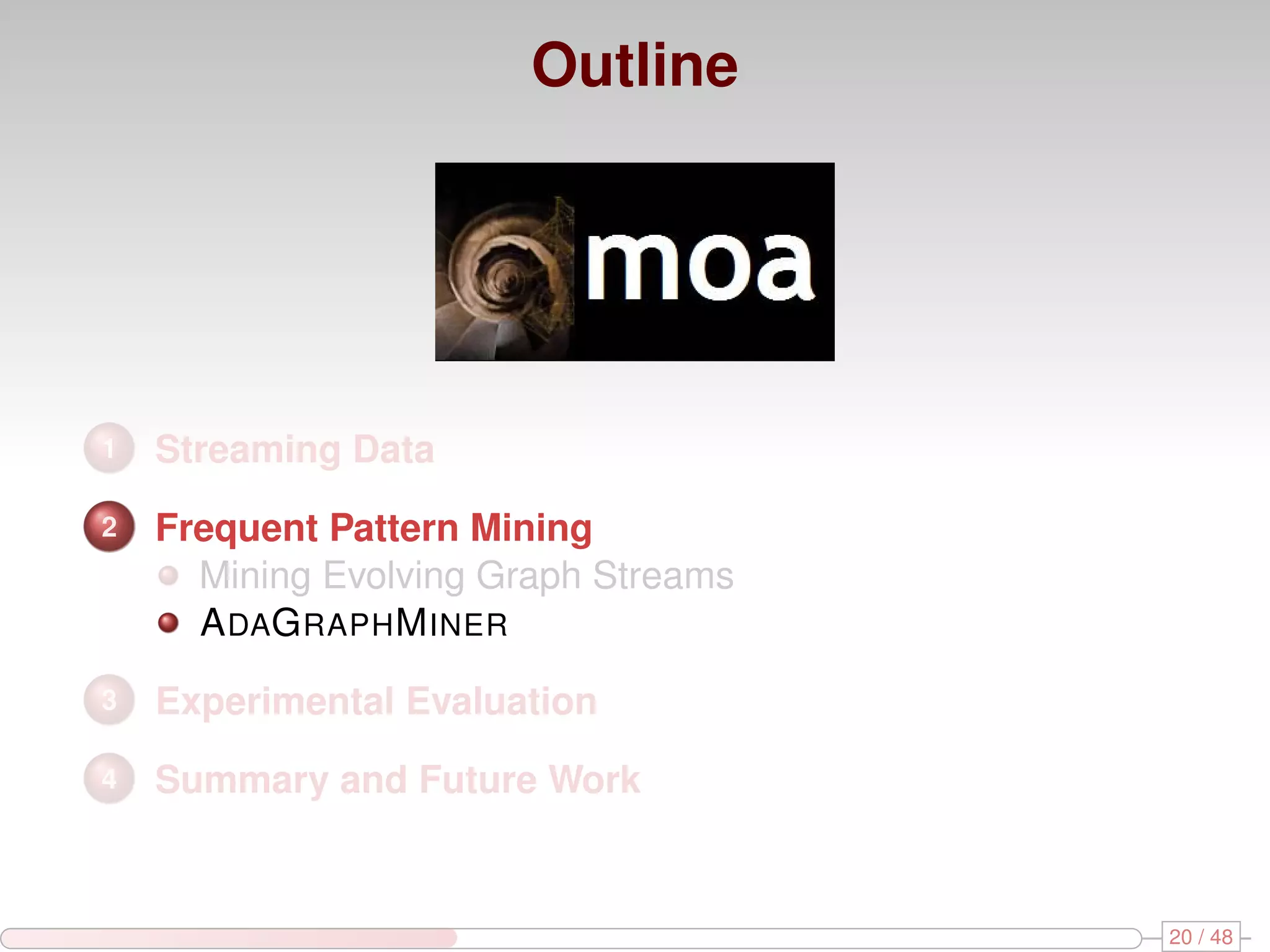 Outline 1 Streaming Data 2 Frequent Pattern Mining Mining Evolving Graph Streams A DAG RAPH M INER 3 Experimental Evaluation 4 Summary and Future Work 20 / 48 