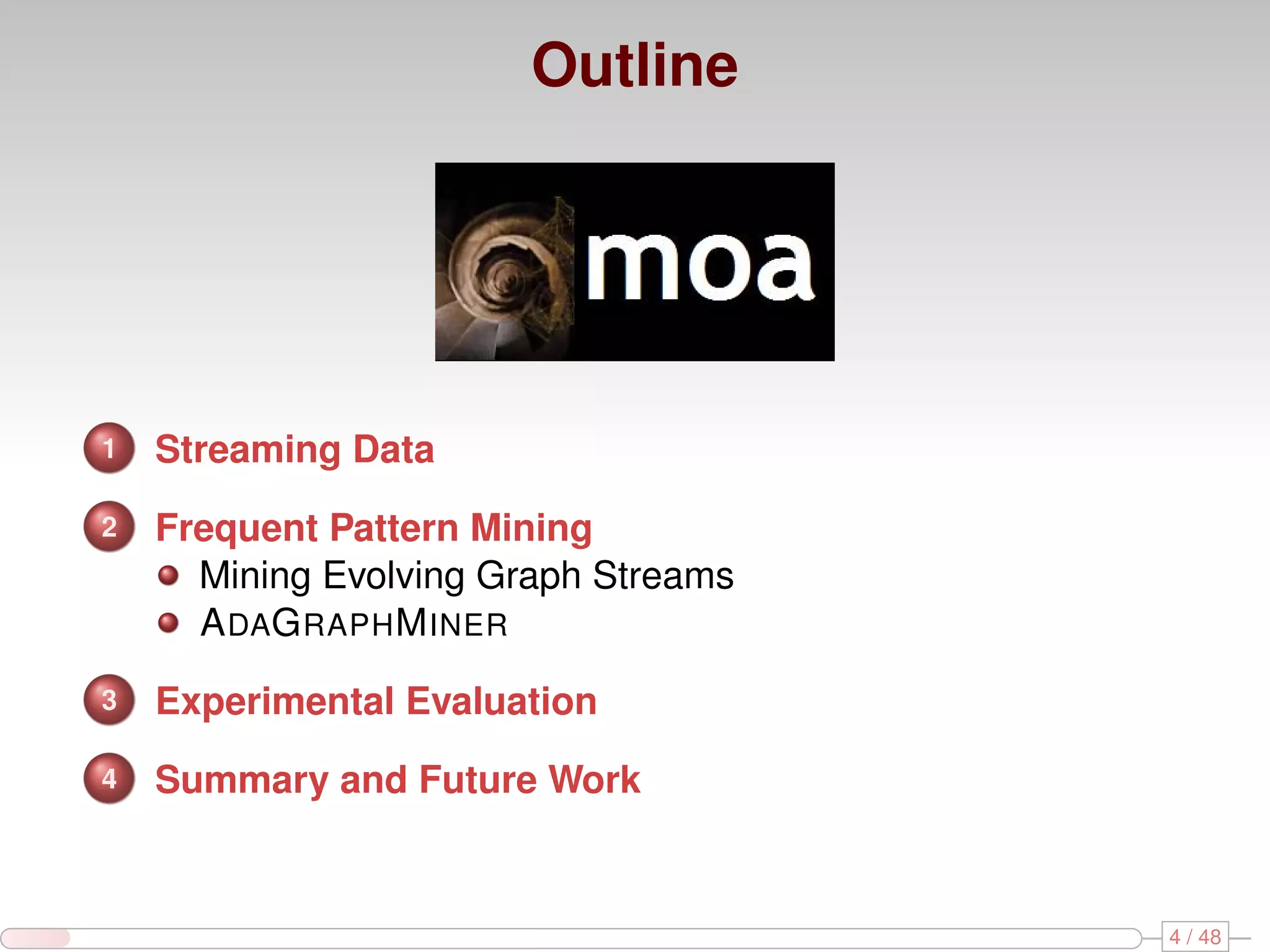 Outline 1 Streaming Data 2 Frequent Pattern Mining Mining Evolving Graph Streams A DAG RAPH M INER 3 Experimental Evaluation 4 Summary and Future Work 4 / 48 