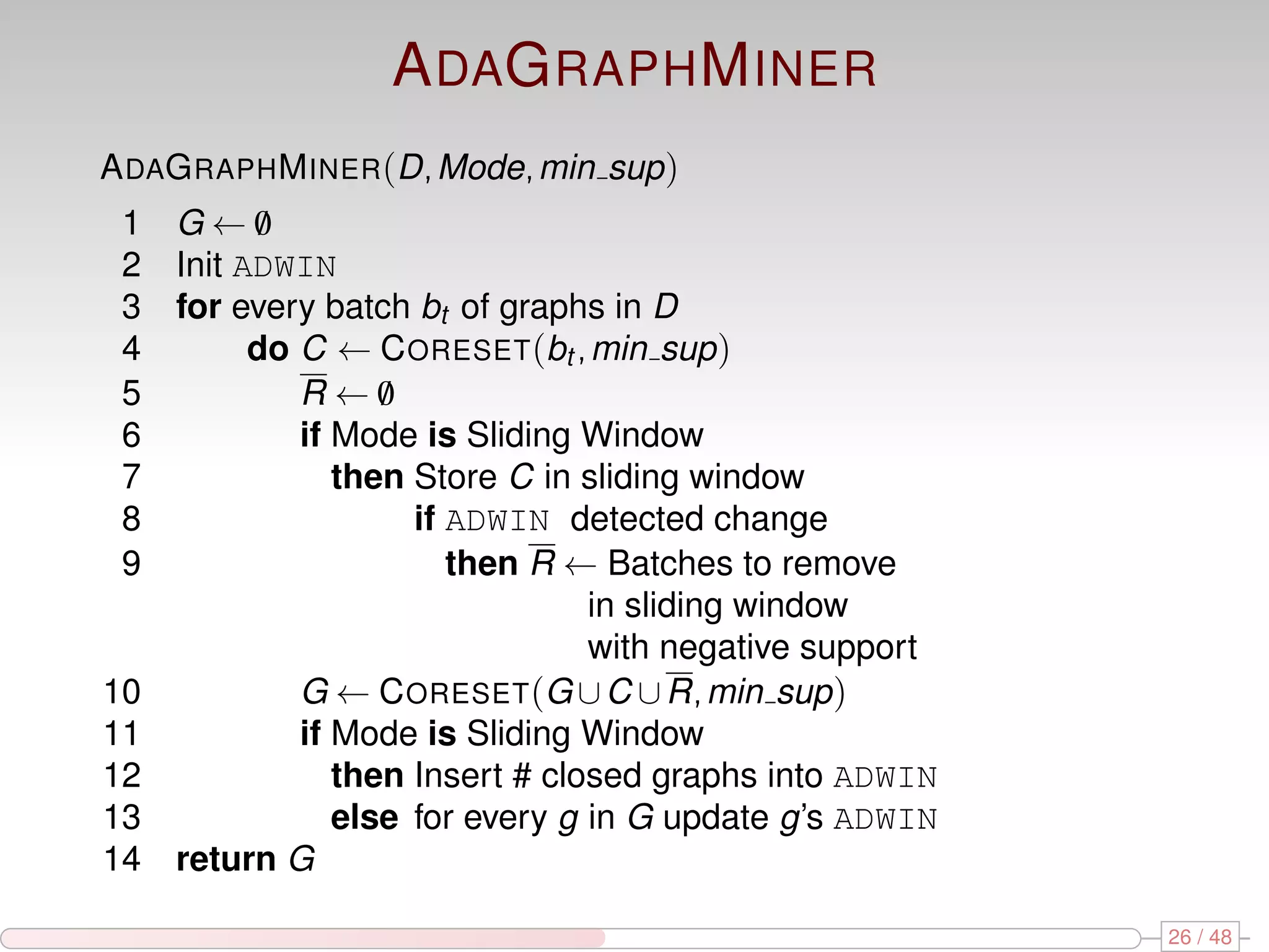 A DAG RAPH M INER A DAG RAPH M INER (D, Mode, min sup ) 1 G←0 / 2 Init ADWIN 3 for every batch bt of graphs in D 4 do C ← C ORESET (bt , min sup ) 5 R←0 / 6 if Mode is Sliding Window 7 then Store C in sliding window 8 if ADWIN detected change 9 then R ← Batches to remove in sliding window with negative support 10 G ← C ORESET (G ∪ C ∪ R, min sup ) 11 if Mode is Sliding Window 12 then Insert # closed graphs into ADWIN 13 else for every g in G update g’s ADWIN 14 return G 26 / 48 