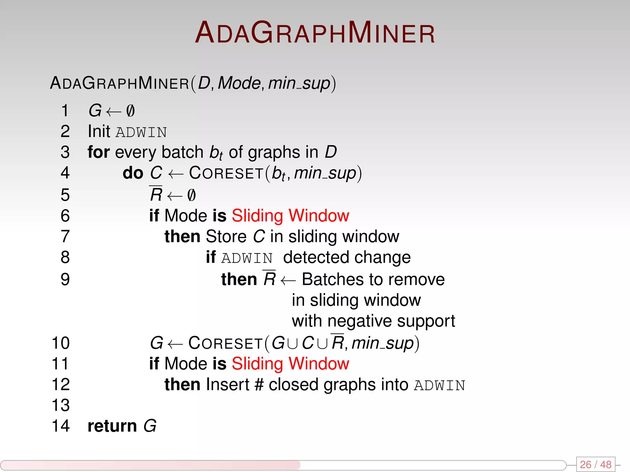 A DAG RAPH M INER A DAG RAPH M INER (D, Mode, min sup ) 1 G←0 / 2 Init ADWIN 3 for every batch bt of graphs in D 4 do C ← C ORESET (bt , min sup ) 5 R←0 / 6 if Mode is Sliding Window 7 then Store C in sliding window 8 if ADWIN detected change 9 then R ← Batches to remove in sliding window with negative support 10 G ← C ORESET (G ∪ C ∪ R, min sup ) 11 if Mode is Sliding Window 12 then Insert # closed graphs into ADWIN 13 14 return G 26 / 48 