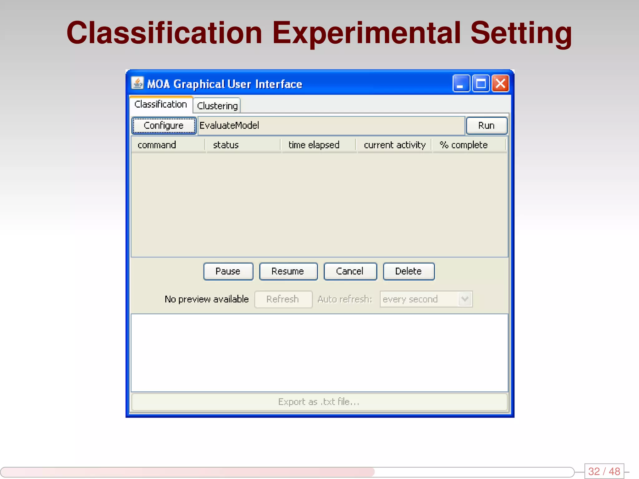 Classiﬁcation Experimental Setting 32 / 48 