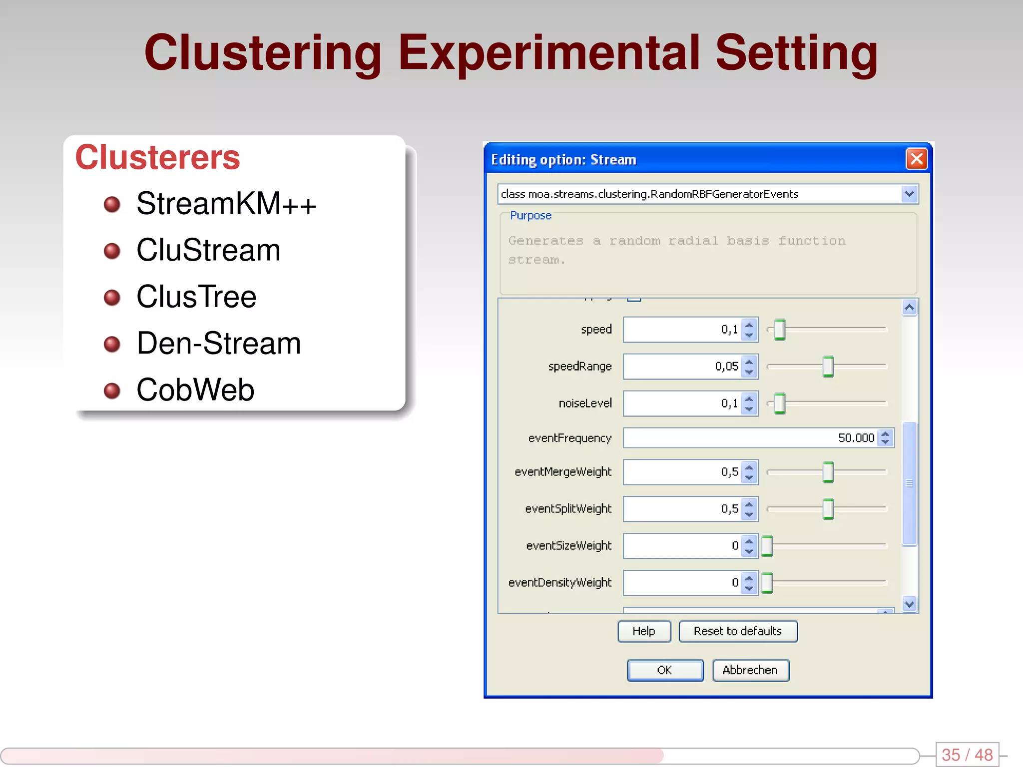 Clustering Experimental Setting Clusterers StreamKM++ CluStream ClusTree Den-Stream CobWeb 35 / 48 