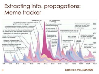 Extracting info. propagations:
     Meme tracker




12                          [Leskovec et al. KDD 2009]
 