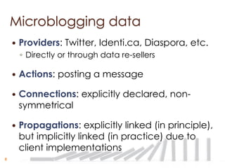 Microblogging data
       Providers: Twitter, Identi.ca, Diaspora, etc.
        ◦ Directly or through data re-sellers

       Actions: posting a message

       Connections: explicitly declared, non-
        symmetrical

       Propagations: explicitly linked (in principle),
        but implicitly linked (in practice) due to
        client implementations
8
 