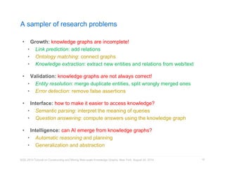A sampler of research problems 
• Growth: knowledge graphs are incomplete! 
• Link prediction: add relations 
• Ontology matching: connect graphs 
• Knowledge extraction: extract new entities and relations from web/text 
• Validation: knowledge graphs are not always correct! 
• Entity resolution: merge duplicate entities, split wrongly merged ones 
• Error detection: remove false assertions 
• Interface: how to make it easier to access knowledge? 
• Semantic parsing: interpret the meaning of queries 
• Question answering: compute answers using the knowledge graph 
• Intelligence: can AI emerge from knowledge graphs? 
• Automatic reasoning and planning 
• Generalization and abstraction 
KDD 2014 Tutorial on Constructing and Mining Web-scale Knowledge Graphs, New York, August 24, 2014 
10 
 