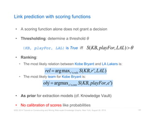 Link prediction with scoring functions 
• A scoring function alone does not grant a decision 
• Thresholding: determine a threshold θ 
(KB, playFor, LAL) is True iff 
• Ranking: 
• The most likely relation between Kobe Bryant and LA Lakers is: 
• The most likely team for Kobe Bryant is: 
• As prior for extraction models (cf. Knowledge Vault) 
• No calibration of scores like probabilities 
KDD 2014 Tutorial on Constructing and Mining Web-scale Knowledge Graphs, New York, August 24, 2014 
120 
S(KB, playFor, LAL)  
rel  argmaxr'rels S(KB, r', LAL) 
obj  argmaxe'ents S(KB, playFor, e') 
 