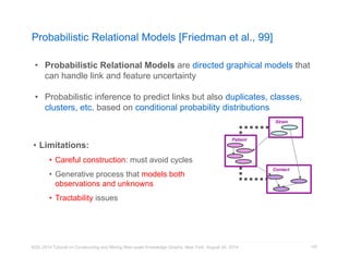Probabilistic Relational Models [Friedman et al., 99] 
• Probabilistic Relational Models are directed graphical models that 
can handle link and feature uncertainty 
• Probabilistic inference to predict links but also duplicates, classes, 
clusters, etc. based on conditional probability distributions 
KDD 2014 Tutorial on Constructing and Mining Web-scale Knowledge Graphs, New York, August 24, 2014 
122 
Patient 
Strain 
Contact 
• Limitations: 
• Careful construction: must avoid cycles 
• Generative process that models both 
observations and unknowns 
• Tractability issues 
 