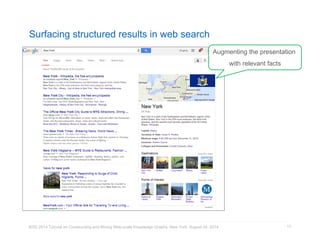 Surfacing structured results in web search 
Augmenting the presentation 
KDD 2014 Tutorial on Constructing and Mining Web-scale Knowledge Graphs, New York, August 24, 2014 
13 
with relevant facts 
 