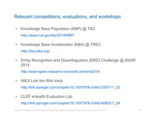 Relevant competitions, evaluations, and workshops 
• Knowledge Base Population (KBP) @ TAC 
http://www.nist.gov/tac/2014/KBP/ 
• Knowledge Base Acceleration (KBA) @ TREC 
http://trec-kba.org/ 
• Entity Recognition and Disambiguation (ERD) Challenge @ SIGIR 
2014 
http://web-ngram.research.microsoft.com/erd2014/ 
• INEX Link the Wiki track 
http://link.springer.com/chapter/10.1007/978-3-642-23577-1_22 
• CLEF eHealth Evaluation Lab 
http://link.springer.com/chapter/10.1007/978-3-642-40802-1_24 
KDD 2014 Tutorial on Constructing and Mining Web-scale Knowledge Graphs, New York, August 24, 2014 
152 
 