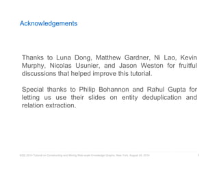 Acknowledgements 
Thanks to Luna Dong, Matthew Gardner, Ni Lao, Kevin 
Murphy, Nicolas Usunier, and Jason Weston for fruitful 
discussions that helped improve this tutorial. 
Special thanks to Philip Bohannon and Rahul Gupta for 
letting us use their slides on entity deduplication and 
relation extraction. 
KDD 2014 Tutorial on Constructing and Mining Web-scale Knowledge Graphs, New York, August 24, 2014 
3 
 