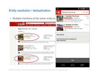 Entity resolution / deduplication 
• Multiple mentions of the same entity is wrong and confusing. 
KDD 2014 Tutorial on Constructing and Mining Web-scale Knowledge Graphs, New York, August 24, 2014 
45 
 
