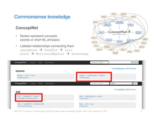 Commonsense knowledge 
ConceptNet 
• Nodes represent concepts 
(words or short NL phrases) 
• Labeled relationships connecting them 
saxophone  UsedFor  jazz 
learn  MotivatedByGoal  knowledge 
KDD 2014 Tutorial on Constructing and Mining Web-scale Knowledge Graphs, New York, August 24, 2014 
47 
 