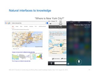Natural interfaces to knowledge 
“Where is New York City?” 
KDD 2014 Tutorial on Constructing and Mining Web-scale Knowledge Graphs, New York, August 24, 2014 
52 
 