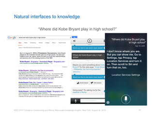 Natural interfaces to knowledge 
“Where did Kobe Bryant play in high school?” 
KDD 2014 Tutorial on Constructing and Mining Web-scale Knowledge Graphs, New York, August 24, 2014 
53 
 