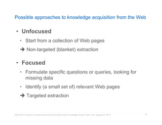 Possible approaches to knowledge acquisition from the Web 
• Unfocused 
• Start from a collection of Web pages 
 Non-targeted (blanket) extraction 
• Focused 
• Formulate specific questions or queries, looking for 
missing data 
• Identify (a small set of) relevant Web pages 
 Targeted extraction 
KDD 2014 Tutorial on Constructing and Mining Web-scale Knowledge Graphs, New York, August 24, 2014 
57 
 
