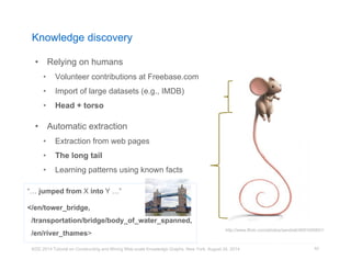 Knowledge discovery 
• Relying on humans 
• Volunteer contributions at Freebase.com 
• Import of large datasets (e.g., IMDB) 
• Head + torso 
• Automatic extraction 
• Extraction from web pages 
• The long tail 
• Learning patterns using known facts 
http://www.flickr.com/photos/sandreli/4691045841/ 
KDD 2014 Tutorial on Constructing and Mining Web-scale Knowledge Graphs, New York, August 24, 2014 
62 
“… jumped from X into Y …” 
</en/tower_bridge, 
/transportation/bridge/body_of_water_spanned, 
/en/river_thames> 
 
