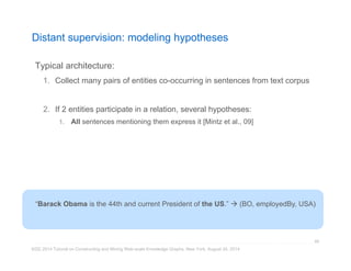 Distant supervision: modeling hypotheses 
Typical architecture: 
1. Collect many pairs of entities co-occurring in sentences from text corpus 
2. If 2 entities participate in a relation, several hypotheses: 
1. All sentences mentioning them express it [Mintz et al., 09] 
“Barack Obama is the 44th and current President of the US.”  (BO, employedBy, USA) 
KDD 2014 Tutorial on Constructing and Mining Web-scale Knowledge Graphs, New York, August 24, 2014 
89 
 