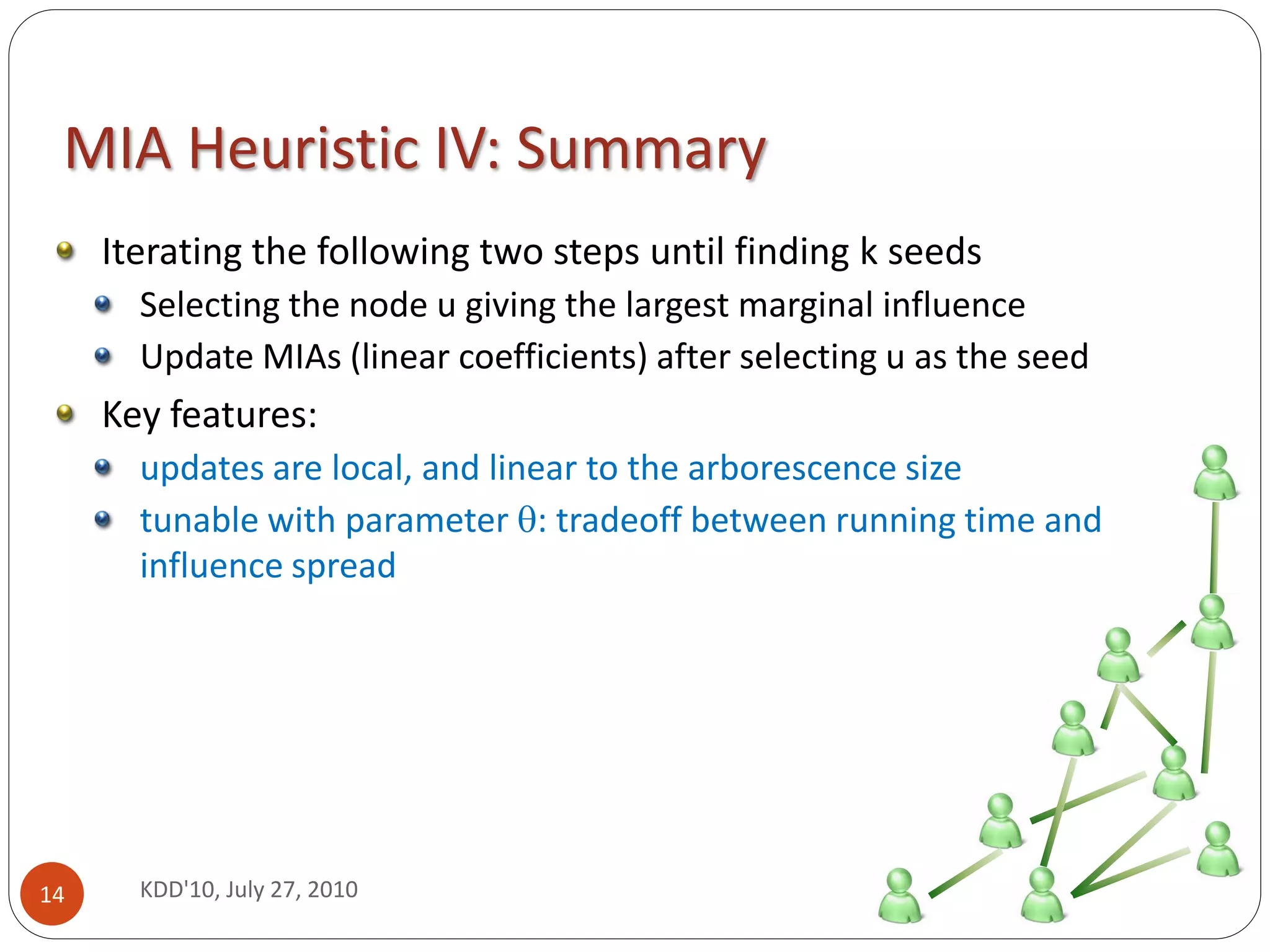 MIA Heuristic IV: Summary
     Iterating the following two steps until finding k seeds
       Selecting the node u giving the largest marginal influence
       Update MIAs (linear coefficients) after selecting u as the seed
     Key features:
       updates are local, and linear to the arborescence size
       tunable with parameter : tradeoff between running time and
       influence spread




14     KDD'10, July 27, 2010
 
