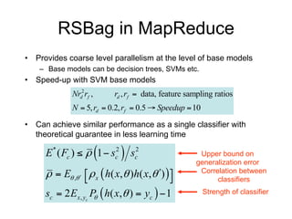RSBag in MapReduce
• Provides coarse level parallelism at the level of base models
    – Base models can be decision trees, SVMs etc.
• Speed-up with SVM base models
             Nrd2 rf ,       rd , rf  data, feature sampling ratios
             N  5, rd  0.2, rf  0.5  Speedup  10

• Can achieve similar performance as a single classifier with
  theoretical guarantee in less learning time

                         
     E * ( Fc )   1  sc2       sc2                  Upper bound on
                                                       generalization error
       E ,    x  h( x, )h( x, )  
                                            
                                                        Correlation between
                                                             classifiers
     sc  2 Ex , yc P  h( x,  )  yc   1
                     
                                                          Strength of classifier
 