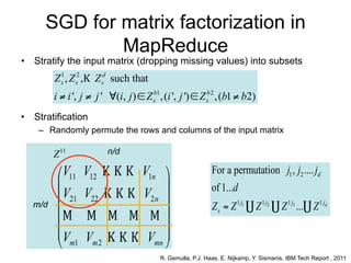 SGD for matrix factorization in
             MapReduce
• Stratify the input matrix (dropping missing values) into subsets
         Z s , Z s2 ,
           1
                        Z sd such that
         i  i ', j  j ' (i, j )  Z sb1 , (i ', j ')  Z sb 2 , (b1  b2)
• Stratification
    – Randomly permute the rows and columns of the input matrix

         Z 11              n/d

           V11 V12                   V1n                     For a permutation j1 , j2 .... jd
                                                             of 1...d
   m/d     V21 V22                   V2 n 
                                                               Z s  Z 1 j1    Z 2 j2    Z 3 j3 ... Z djd
                                          
          
          V V                             
           m1 m 2                     Vmn 
                                           
                                            R. Gemulla, P.J. Haas, E. Nijkamp, Y. Sismanis, IBM Tech Report , 2011
 