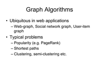 Graph Algorithms
• Ubiquitous in web applications
  – Web-graph, Social network graph, User-item
    graph
• Typical problems
  – Popularity (e.g. PageRank)
  – Shortest paths
  – Clustering, semi-clustering etc.
 