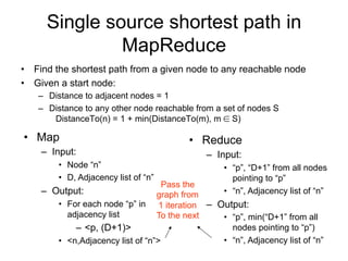 Single source shortest path in
              MapReduce
• Find the shortest path from a given node to any reachable node
• Given a start node:
   – Distance to adjacent nodes = 1
   – Distance to any other node reachable from a set of nodes S
      DistanceTo(n) = 1 + min(DistanceTo(m), m  S)

• Map                                     • Reduce
    – Input:                                  – Input:
        • Node “n”                                 • “p”, “D+1” from all nodes
        • D, Adjacency list of “n”                   pointing to “p”
                                   Pass the
    – Output:                    graph from        • “n”, Adjacency list of “n”
       • For each node “p” in     1 iteration – Output:
         adjacency list          To the next     • “p”, min(“D+1” from all
           – <p, (D+1)>                            nodes pointing to “p”)
       • <n,Adjacency list of “n”>               • “n”, Adjacency list of “n”
 