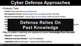 copyright © 2013pixlcloud | cyber security made visible
Cyber Defense Approaches
• Products / Tools
- Firewall - Blocks traffic based on pre-defined rules
- WebApplication Firewall - Monitors for signs of known malicious activity in Web traffic
- Intrusion Prevention System - Looks for ‘signs’of known attacks in traffic and protocol violations
- Anti Virus - Looks for ‘signs’of known attacks on the end system
- Malware Sandbox - Runs new binaries and monitors their behavior for malicious signs
- Security Information Management - Uses pre-defined rules to correlate signs from different data streams to augment
intelligence
- Vulnerability Scanning - Searches for known vulnerabilities and vulnerable software
• Rely on pattern matching and signatures based knowledge from the past
- Reactive -> always behind
- Unknown and new threats -> won’t be detected
- ‘Imperfect’patterns and rules -> cause a lot of false positives
Defense Relies On
Past Knowledge
 