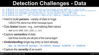 copyright © 2013pixlcloud | cyber security made visible
Detection Challenges - Data
• Hard to build parsers - variety of d...