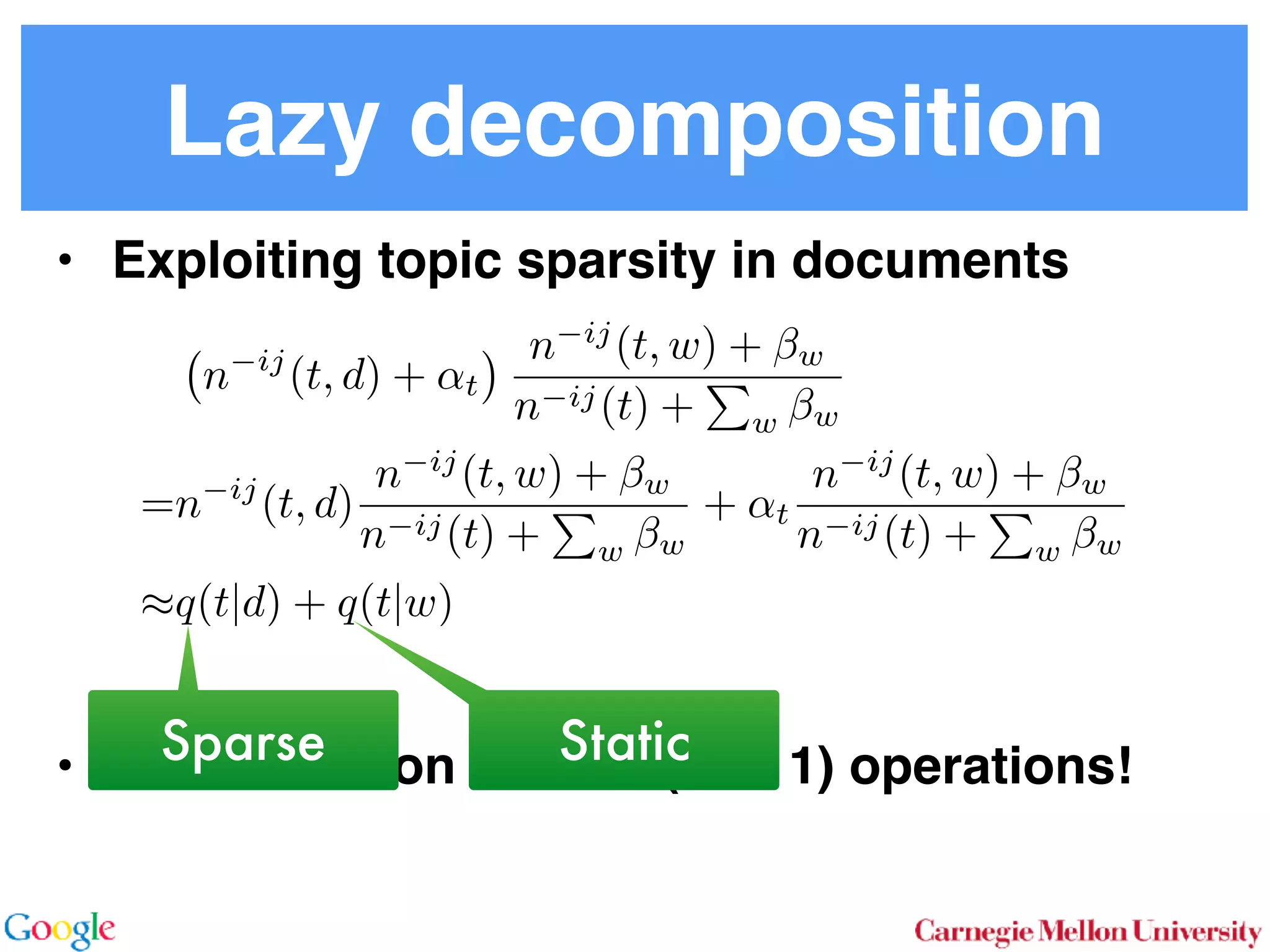 Lazy decomposition
• Exploiting topic sparsity in documents 
 
 
 
 
 
 
• Normalization costs O(kd + 1) operations!Sparse
n ij
(t, d) + ↵t
n ij
(t, w) + w
n ij(t) +
P
w w
=n ij
(t, d)
n ij
(t, w) + w
n ij(t) +
P
w w
+ ↵t
n ij
(t, w) + w
n ij(t) +
P
w w
⇡q(t|d) + q(t|w)
Static
 