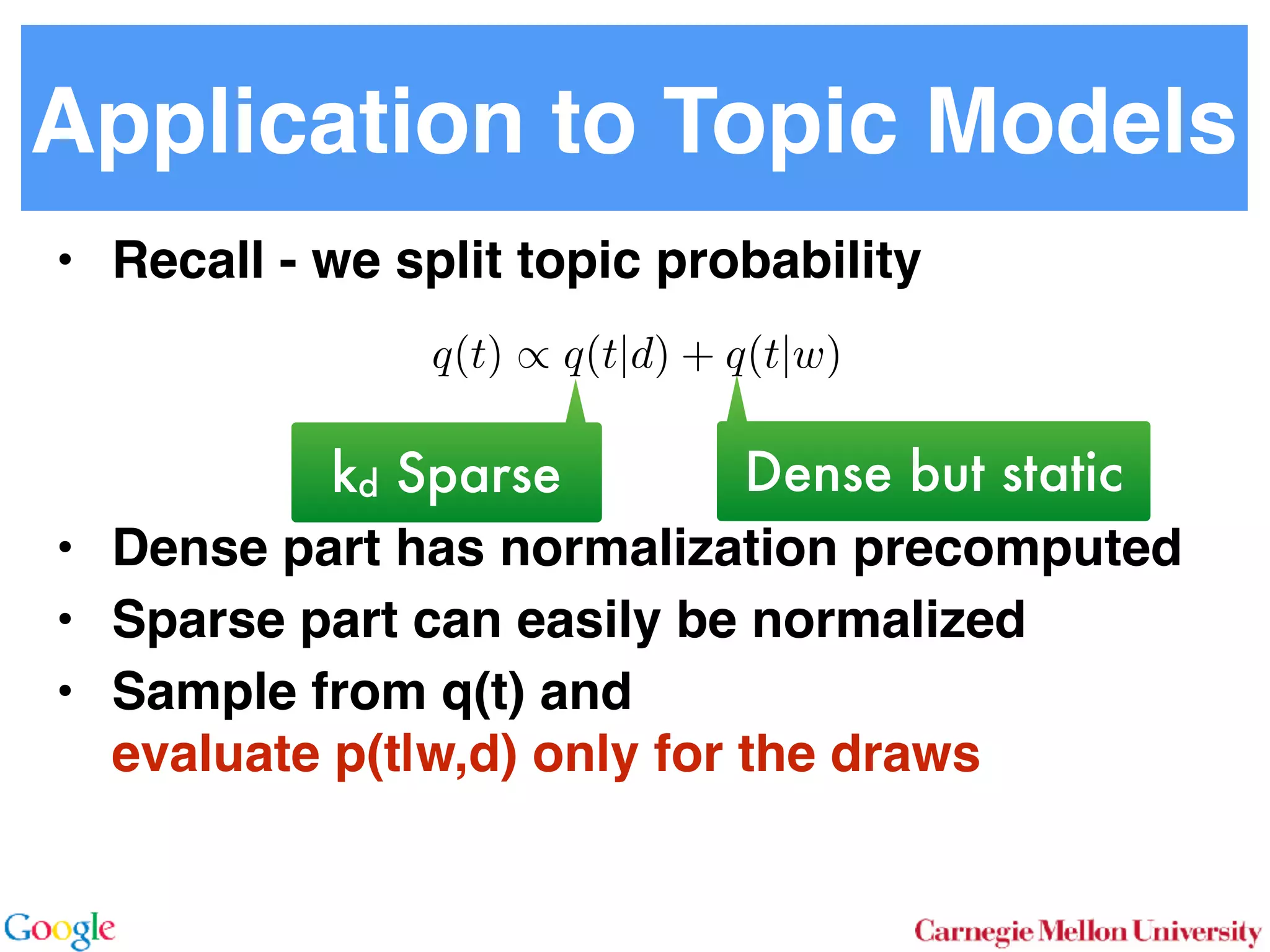 Application to Topic Models
• Recall - we split topic probability
• Dense part has normalization precomputed
• Sparse part can easily be normalized
• Sample from q(t) and  
evaluate p(t|w,d) only for the draws
q(t) / q(t|d) + q(t|w)
kd Sparse Dense but static
 
