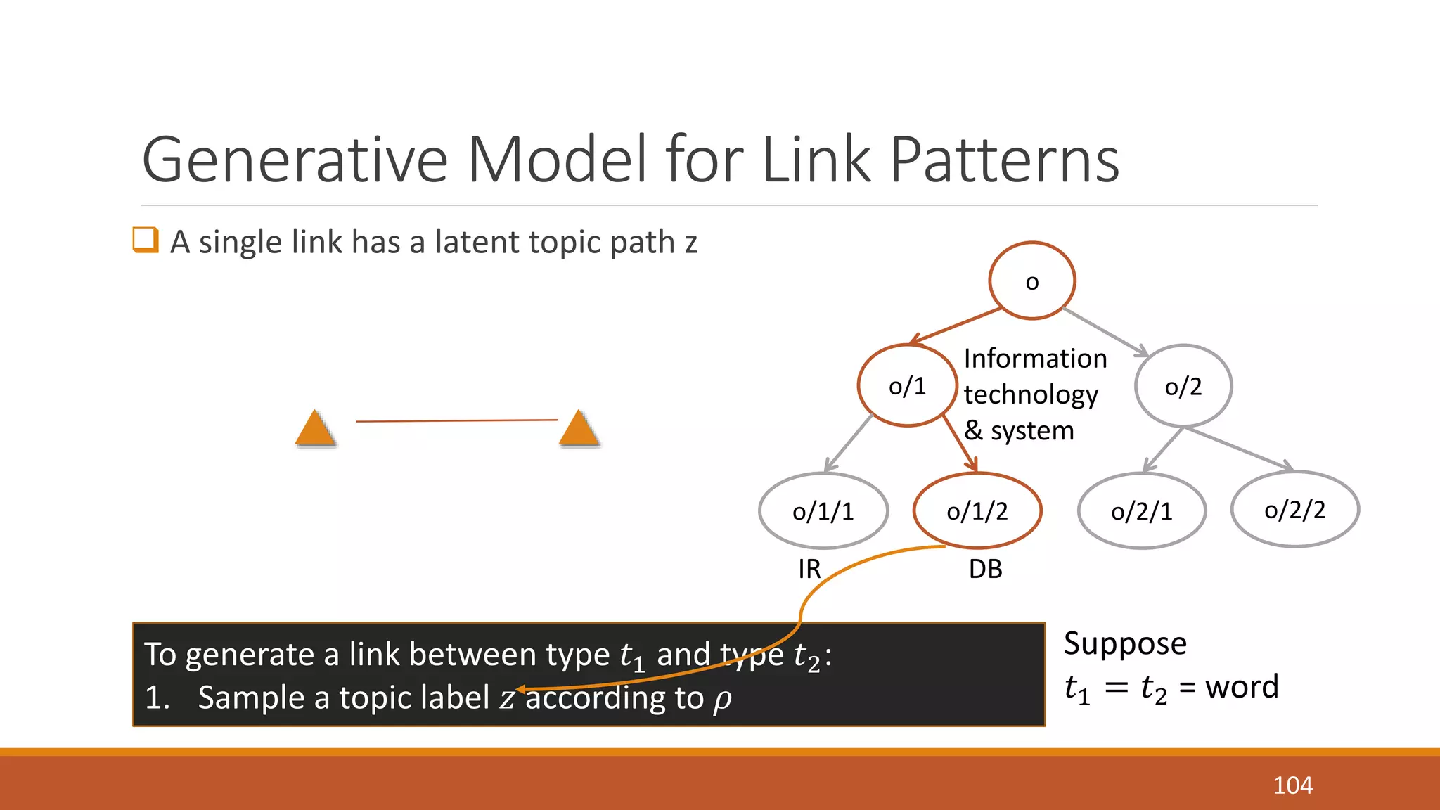 Generative Model for Link Patterns 
 A single link has a latent topic path z 
104 
o 
Information 
technology 
& system 
o/1 o/2 
o/1/1 o/1/2 o/2/1 o/2/2 
IR DB 
To generate a link between type 푡1 and type 푡2: 
1. Sample a topic label 푧 according to 휌 
Suppose 
푡1 = 푡2 = word 
 
