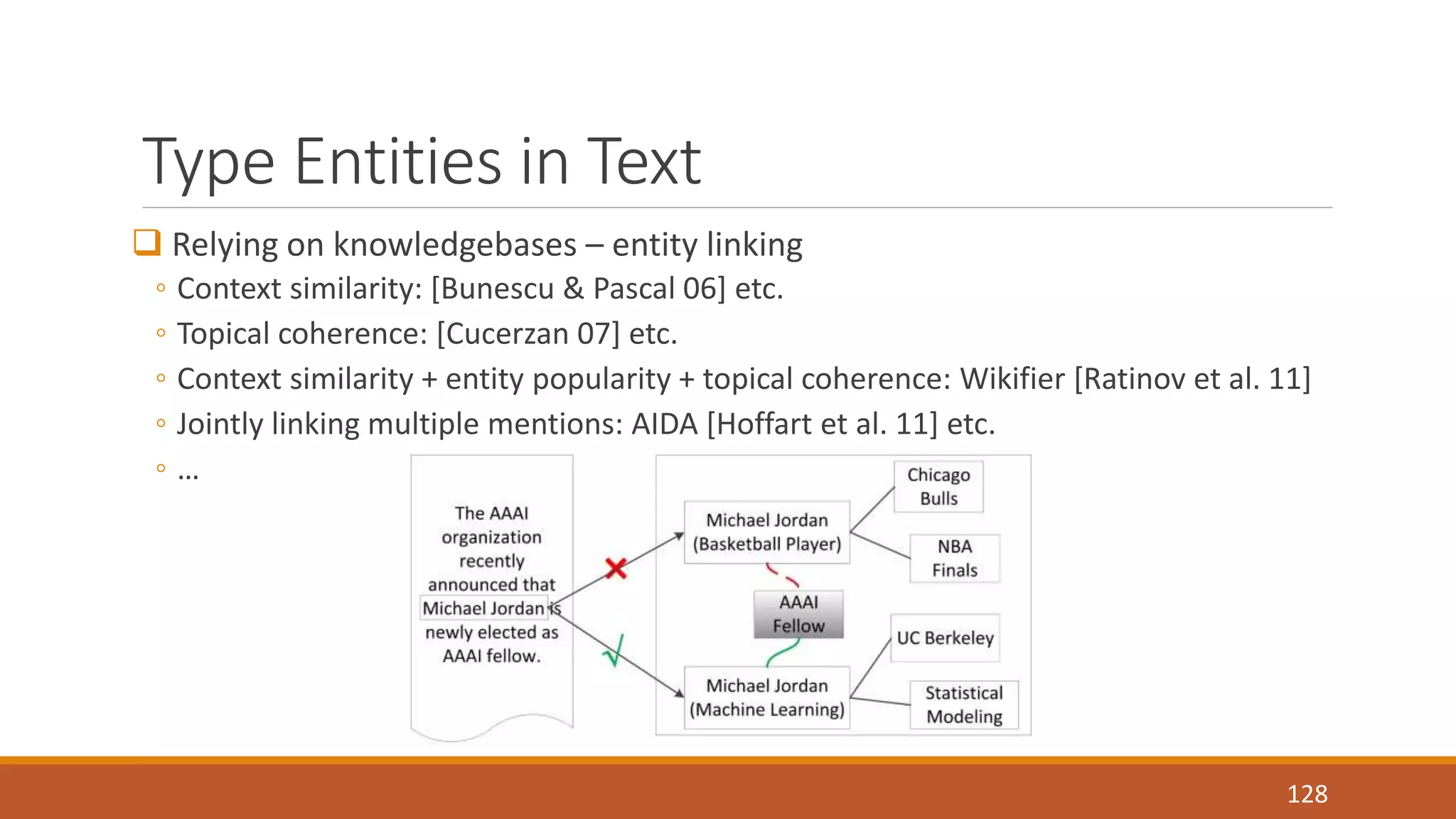 Type Entities in Text 
 Relying on knowledgebases – entity linking 
◦ Context similarity: [Bunescu & Pascal 06] etc. 
◦ Topical coherence: [Cucerzan 07] etc. 
◦ Context similarity + entity popularity + topical coherence: Wikifier [Ratinov et al. 11] 
◦ Jointly linking multiple mentions: AIDA [Hoffart et al. 11] etc. 
◦ … 
128 
 