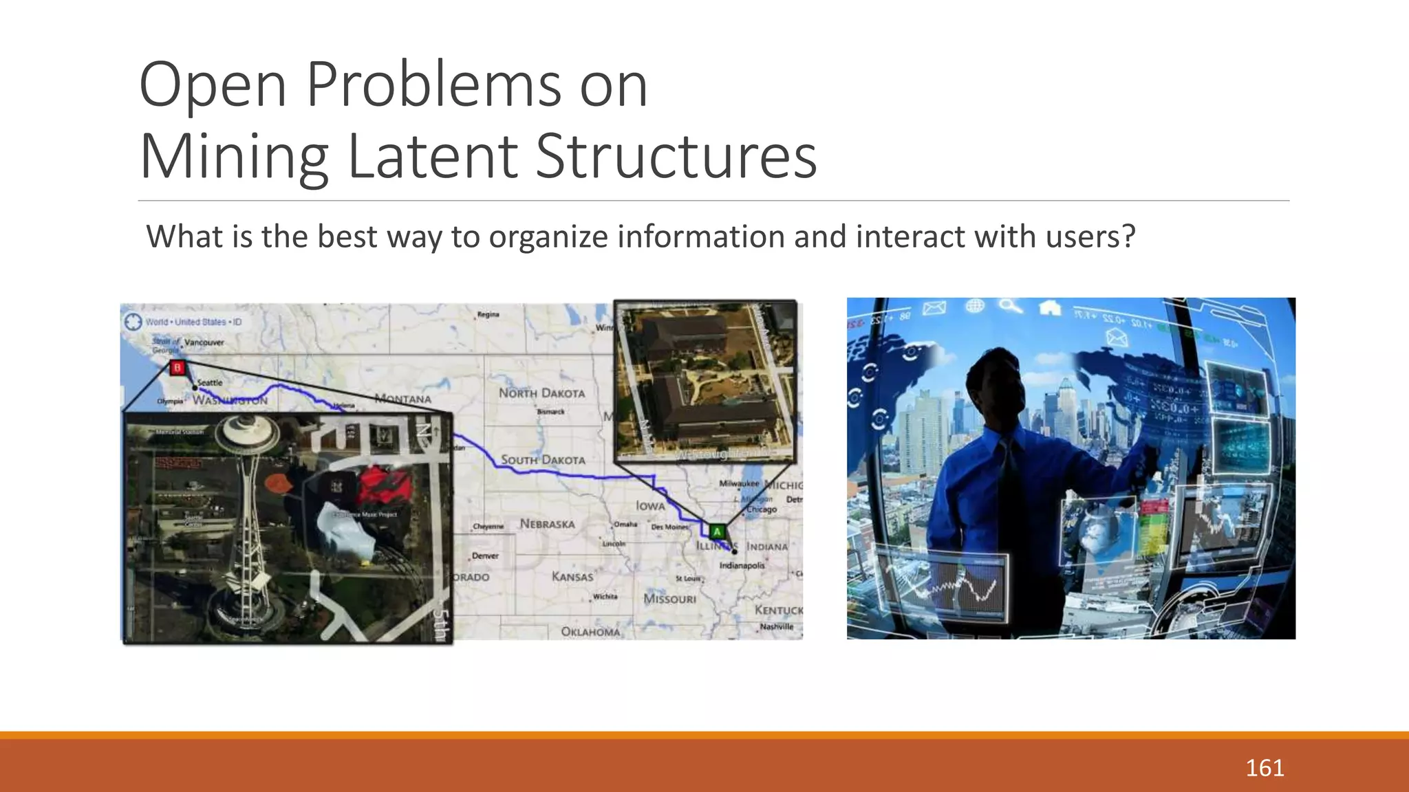 Open Problems on 
Mining Latent Structures 
What is the best way to organize information and interact with users? 
161 
 
