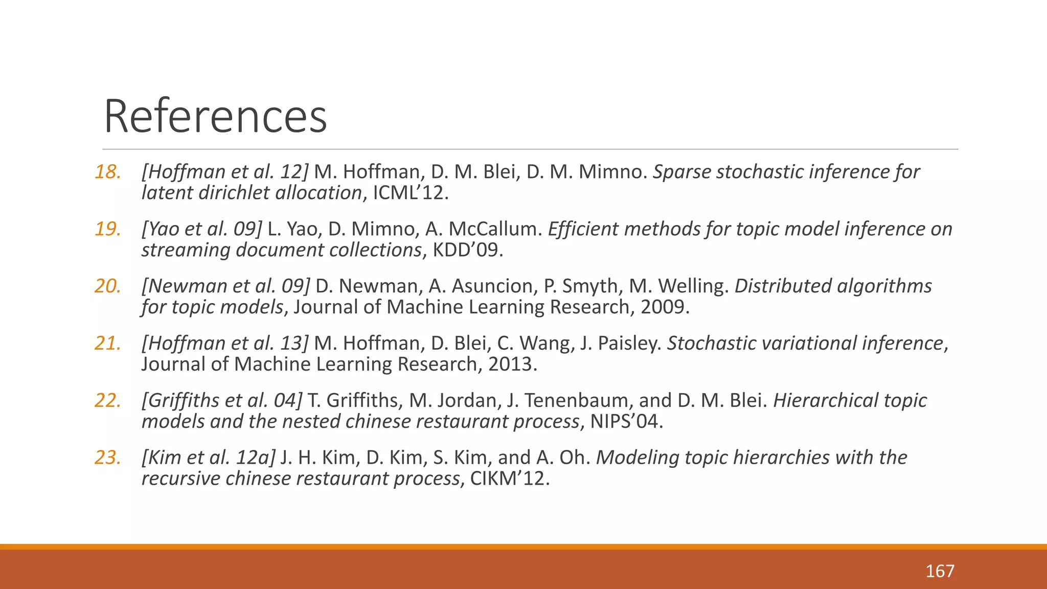 References 
18. [Hoffman et al. 12] M. Hoffman, D. M. Blei, D. M. Mimno. Sparse stochastic inference for 
latent dirichlet allocation, ICML’12. 
19. [Yao et al. 09] L. Yao, D. Mimno, A. McCallum. Efficient methods for topic model inference on 
streaming document collections, KDD’09. 
20. [Newman et al. 09] D. Newman, A. Asuncion, P. Smyth, M. Welling. Distributed algorithms 
for topic models, Journal of Machine Learning Research, 2009. 
21. [Hoffman et al. 13] M. Hoffman, D. Blei, C. Wang, J. Paisley. Stochastic variational inference, 
Journal of Machine Learning Research, 2013. 
22. [Griffiths et al. 04] T. Griffiths, M. Jordan, J. Tenenbaum, and D. M. Blei. Hierarchical topic 
models and the nested chinese restaurant process, NIPS’04. 
23. [Kim et al. 12a] J. H. Kim, D. Kim, S. Kim, and A. Oh. Modeling topic hierarchies with the 
recursive chinese restaurant process, CIKM’12. 
167 
 