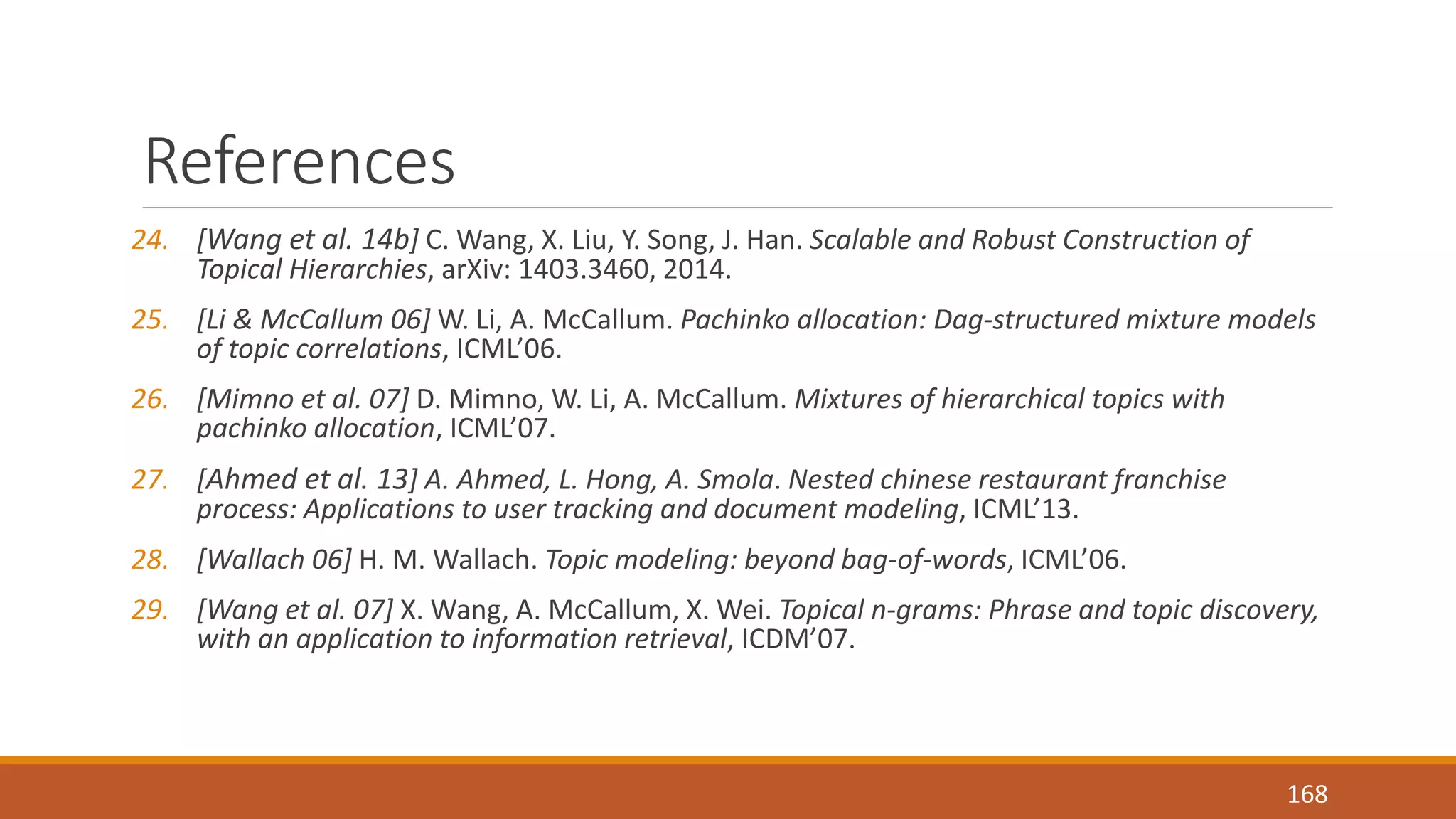 References 
24. [Wang et al. 14b] C. Wang, X. Liu, Y. Song, J. Han. Scalable and Robust Construction of 
Topical Hierarchies, arXiv: 1403.3460, 2014. 
25. [Li & McCallum 06] W. Li, A. McCallum. Pachinko allocation: Dag-structured mixture models 
of topic correlations, ICML’06. 
26. [Mimno et al. 07] D. Mimno, W. Li, A. McCallum. Mixtures of hierarchical topics with 
pachinko allocation, ICML’07. 
27. [Ahmed et al. 13] A. Ahmed, L. Hong, A. Smola. Nested chinese restaurant franchise 
process: Applications to user tracking and document modeling, ICML’13. 
28. [Wallach 06] H. M. Wallach. Topic modeling: beyond bag-of-words, ICML’06. 
29. [Wang et al. 07] X. Wang, A. McCallum, X. Wei. Topical n-grams: Phrase and topic discovery, 
with an application to information retrieval, ICDM’07. 
168 
 