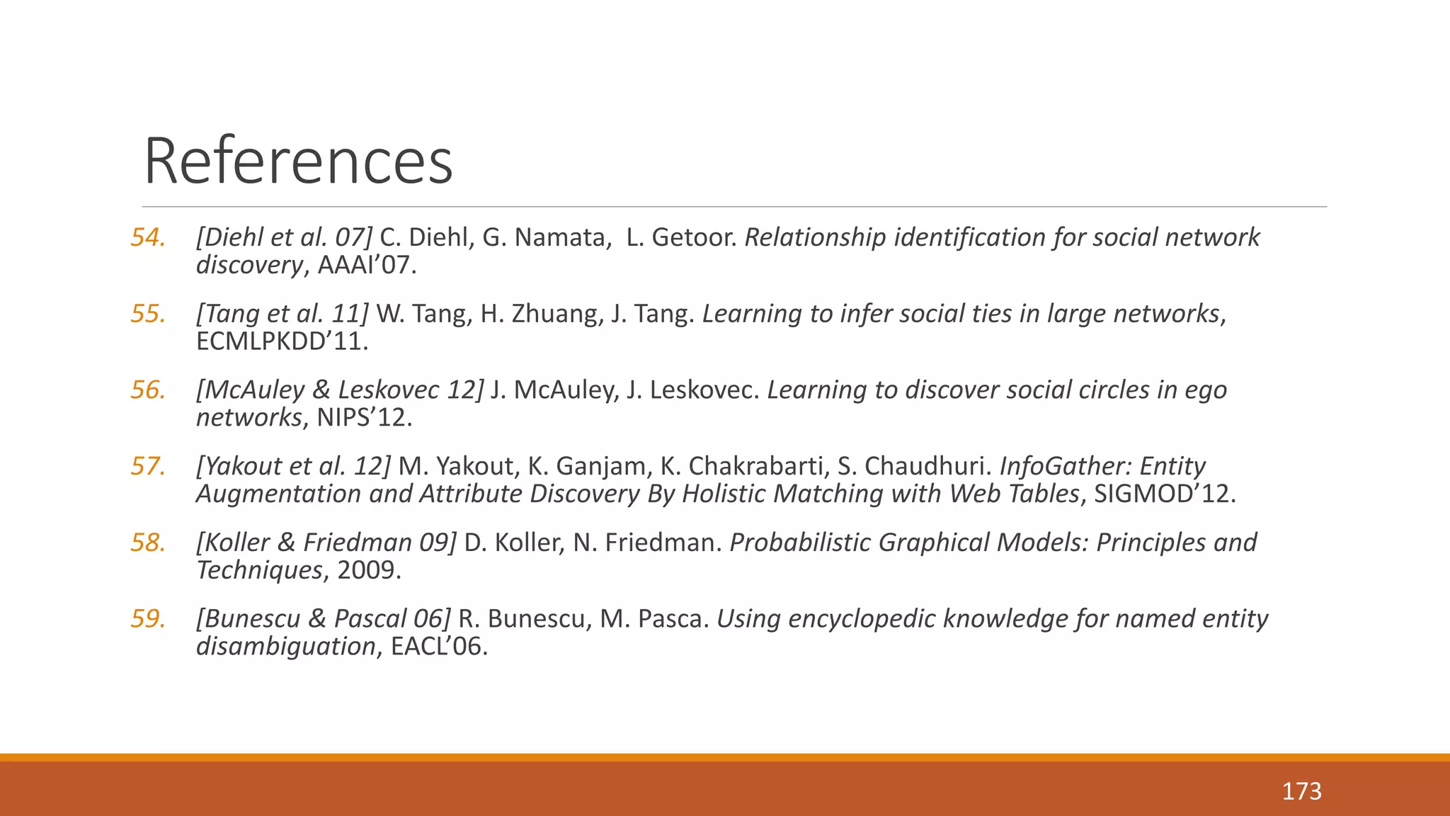 References 
54. [Diehl et al. 07] C. Diehl, G. Namata, L. Getoor. Relationship identification for social network 
discovery, AAAI’07. 
55. [Tang et al. 11] W. Tang, H. Zhuang, J. Tang. Learning to infer social ties in large networks, 
ECMLPKDD’11. 
56. [McAuley & Leskovec 12] J. McAuley, J. Leskovec. Learning to discover social circles in ego 
networks, NIPS’12. 
57. [Yakout et al. 12] M. Yakout, K. Ganjam, K. Chakrabarti, S. Chaudhuri. InfoGather: Entity 
Augmentation and Attribute Discovery By Holistic Matching with Web Tables, SIGMOD’12. 
58. [Koller & Friedman 09] D. Koller, N. Friedman. Probabilistic Graphical Models: Principles and 
Techniques, 2009. 
59. [Bunescu & Pascal 06] R. Bunescu, M. Pasca. Using encyclopedic knowledge for named entity 
disambiguation, EACL’06. 
173 
 